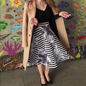 Black and White striped Tea length floral skirt